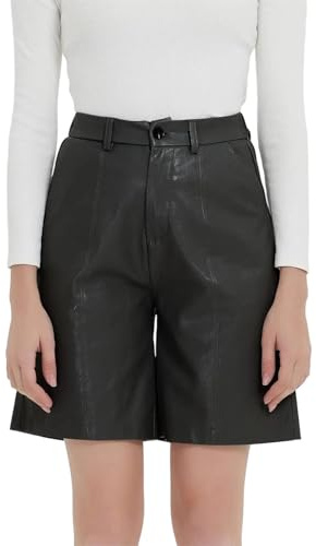 Women Elastic Waist Knee Length Leather Shorts High Waist Shorts Wide Leg Half Trousers Black 3XL