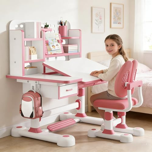 Studerbord och stol, justerbart studiebord för barn, stol, barnskola, läxor, skrivbord med bredare bordslutbart skrivbord, stora förvaringsfack, bokhylla för pojkar och flickor, rosa