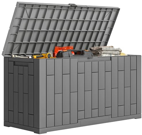Outsunny Coffre de Rangement Extérieur 227 L Verrouillable avec Vérin à Gaz, Boîte de Jardin en Aspect Bois Résistant aux UV, pour Outils Accessoires, 106,5x43x54,5cm, Gris