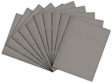 Rhino A5+ Exercise Books, 80-Page / 8mm Lined with Margin Paper Notebook, 10-Pack, 9 x 7 Writing Book, Office & School Stationery Supplies, Grey