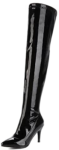 OALEEN Bottes Cuissardes Femme Hiver Vernis Sexy Haute Talon Aiguille Bout Pointu Chaussures Soirée Noir 43