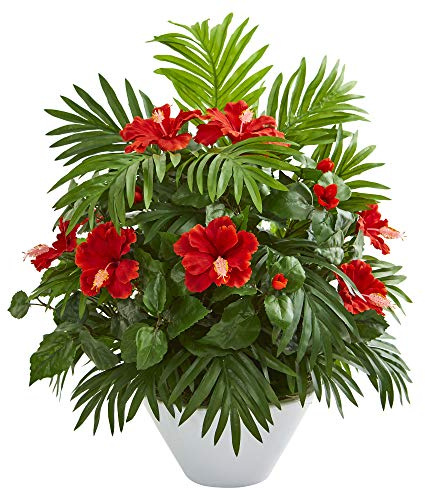 Nearly Natural Hibiscus and Areca Palm Artificial Plant in White Bowl