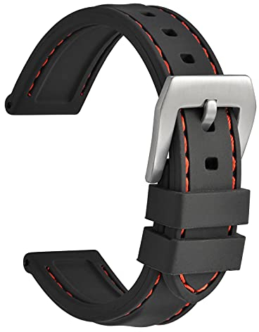 WOCCI 22mm Wasserdichtes Silikon Gummi Uhrenarmband mit Silberner Schnalle (Schwarz)
