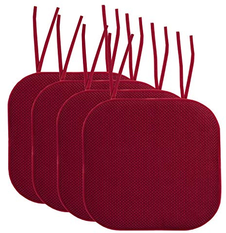 Sweet Home Collection Stuhlkissen, Memoryschaum-Polster mit Bändern, Wabenmuster, rutschfest, gummierte Unterseite, abgerundete Ecken, quadratisch, ca. 40 x 40 cm, 4 Stück, Weinrot