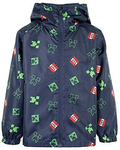 Minecraft - Veste de pluie pour garçons Veste de pluie pour l'extérieur 100% imperméable avec capuche - Imperméable pour enfants - Imperméable bleu marine pour garçons - Age 9-10 ans