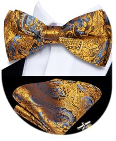 Dubulle Orange Gold Pre-tied Bow Ties for Men Silk Paisley Floral Mens Bowtie and Pocket Square Cufflinks Set Wedding Business