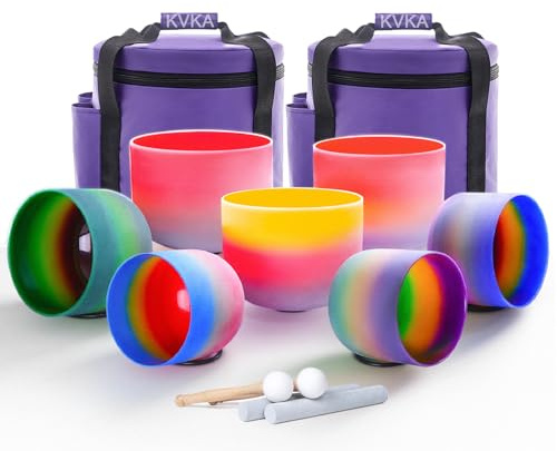 KVKA Rainbow Crystal Singing Bowls Set 432Hz 7 Colors 7-12 Inch with Heavy Duty Carry Bags and Singing Bowl Mallets (7-12inch, Rainbow), 7PCS RAINBOW DESIGN