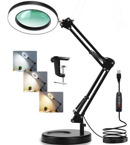 Veemagni 10X Magnifying Glass with Light and Stand, 2-in-1 Real Glass Magnifying Desk Lamp & Clamp, 3 Color Modes Stepless Dimmable LED Lighted Magnifier with Light for Hobby Crafts Repair Close Works