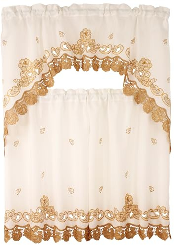 Venice Collections Kathy Macrame Embroidery Design Kitchen Curtain with Swag and Tier Set 36 inch Gold Color