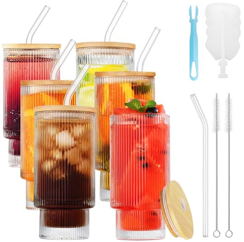HMJIA Verres à Cocktail avec Paille en Verre 500ml/17.6oz Verre Long Drink Côtelé Verre à Bière Whisky Café Glacé Soda Jus (6 pièces, 500ml + Couvercle)