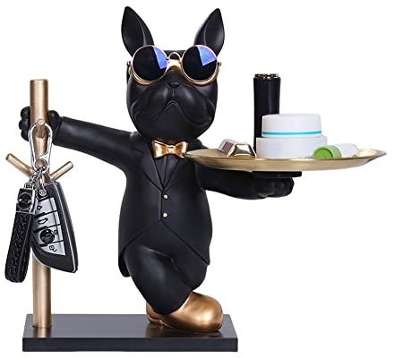 Starnearby Plateau Clé Entrée Statue Bouledogue Vide Poche, Bol Clé Entrée Bulldog Sculpture en Résine, Statue avec Plateau, Plateau Rangement Clef, Bijoux, Plateau Clé Entrée, Décoration