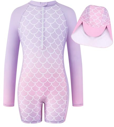 Badeanzug Mädchen Einteiler Langarm Ärmeln Anti-Uv Badebekleidung Mädchen Meerjungfrau Stoffdruck Kinder Bademode Boxershorts für Mädchen 7-8 Jahre