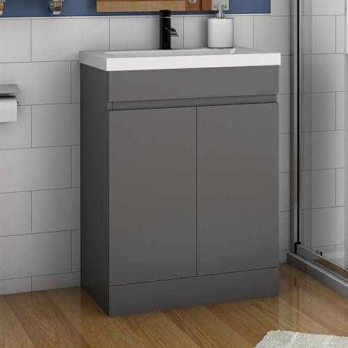 Acezanble 500mm Bathroom Vanity Unit With Wash Basin Ceramic Sink, 2 Double Door, High Gloss Grey, Cloakroom Storage Furniture Under Basin Cabinet, Floorstanding Cabinets
