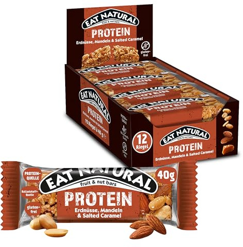 EAT NATURAL - Barres sans gluten & protéinées - Cacahuètes, amandes, caramel & sel de mer - 12 barres de 40g