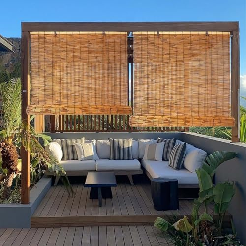Bamboo Roll up Shades for Patio 40 50 60 70 80 90 100 110 120 130 140 150 160 170cm Breathable Natural Roman Blinds for Windows Waterproof Outdoor Reedcurtains with Lift Sun Protection Privacy Screen(