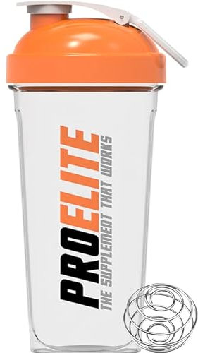 PROELITE 700ml Protein Shaker Bottle with Transparent Shaker Bottle with Stainless Steel Mixing Ball, BPA- and Leakproof Flip On Lid, Odourless, Temperature Safe (Transparent Cup/Orange Lid, 700ml)