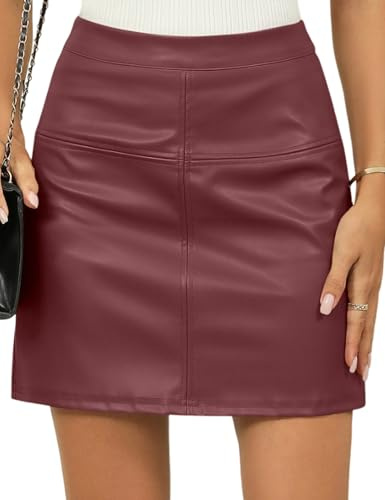 LOMON Womens Fuax Leather Skirt High Waisted Bodycon Slit Pencil Mini Skirts with Shorts Burgundy Large
