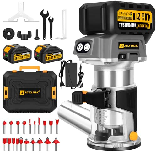 JEXUGK Brushless Cordless Wood Router, 21V Compact Trimmer Palm Router with 2x4.0Ah Battery, Portable Small Ruteador Para Madera 6 Speed with 20 PCS 1/4 Bits, Fresadora Para Madera for Woodworking