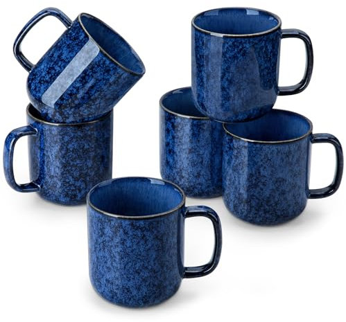vancasso Set de 6 Tazas de Café Grandes de Gres - 480ml - Tazas de Desayuno con Asa con Asa para Leche, Té, Avena, Yogur – Resistente a Lavavajillas y Microondas – Esmaltado Reactivo Azul