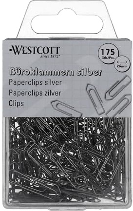 Westcott E-10640 00 Lot de 175 trombones argentés - 26 mm - Boîte en plastique pratique - Galvanisés - Pour le bureau et la maison