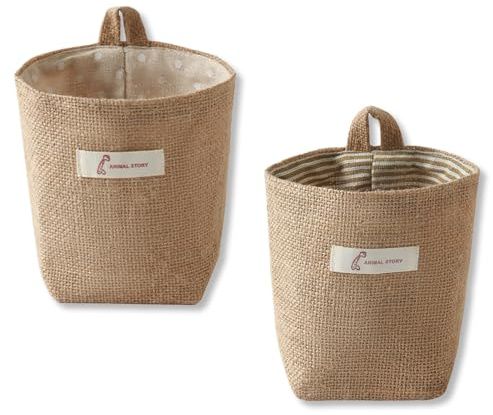 OUDQFCJ 2 pcs Cesta Colgante de Algodón y Lino, Desmontable, Plegable, Lavable, Cesta Organizadora para Pared, Puerta, Habitación, Baño