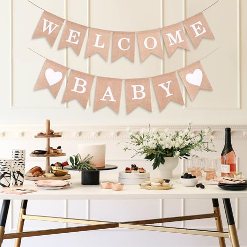 Luxvara Ghirlanda di Juta Welcome Baby, Striscione Benvenuto Neonato, Welcome Baby Banner Vintage in Lino con Sacchetti di Velluto, Striscione Decorativo in Iuta per Feste, Ricevimenti, Baby Shower