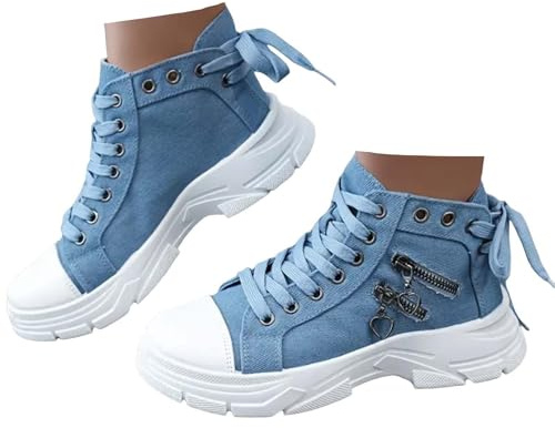 Xbemkste kanvasskor, damsneakers med platå, snygga snörskor med dragkedja, sportiga fritidsskor, bekväma skor, dam, promenadskor för vardagen, blå, 39 EU