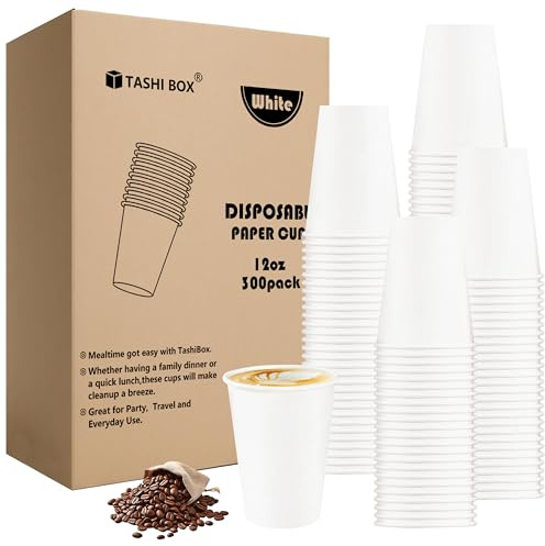 TashiBox 300 Count 12 oz Disposable Paper Coffee Cups - White Paper Cups for Party, Office, Cafes - Perfect for Cold and Hot Drinks
