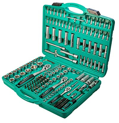 WIESEMANN 1893 Juego de 171 vasos para llave de carraca grande 1/2, 3/8 y 1/4 de acero Q-30 Maletín de herramientas con vasos de carraca, adaptadores, llaves hex | Puntas PH y PZ y más | 80119