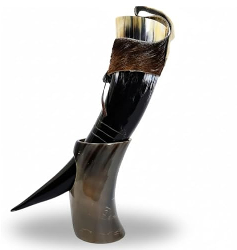 Genuine Ox Wine/Mead Drinking Odin engraved Horn Medieval Viking Cup - Authentic Medieval Inspired Mug with stand and holster by Vikings Valhalla