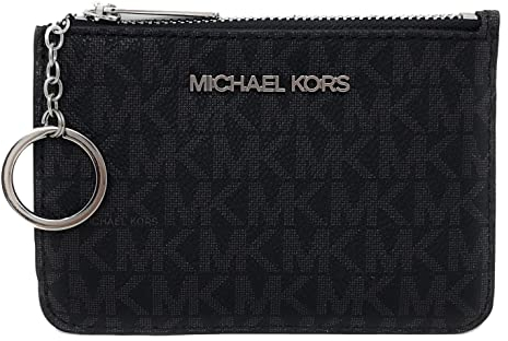 Michael Kors Jet Set Travel Small Top Zip Coin Pouch with ID Holder - PVC Coated Twill (Black with Silver Hardware)