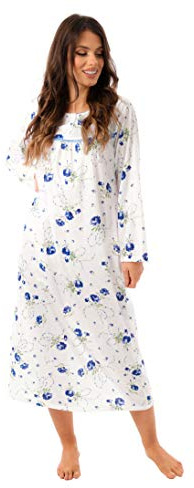 i-Smalls Super Soft 100% Cotton Floral Nightdress Long Length Winter Nightie with Button Up Collar and Embroidered Lace Details (XL) White&Blue