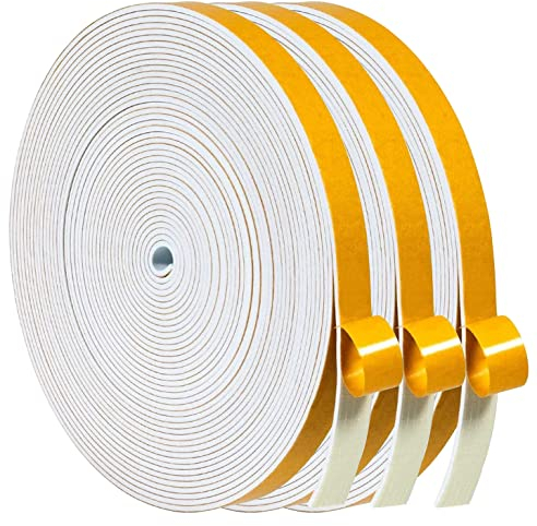 Draught Excluder Tape, Weather Stripping 6mm(W) x1.5mm(T) Foam Strip Seal Self Adhesive for Door Window Against Cold Draught/Anti-Collision/Soundproof/Waterproof/Dustproof, 3 Rolls Total 15M, White