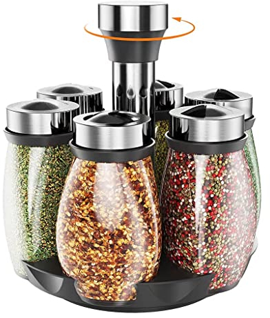 DUTUI barattoli di spezie portaspezie, Set Girevole a 360 ° del carosello delle spezie, con 6 barattoli di spezie in Vetro, Realizzati con spezie in Acciaio Inossidabile per la conservazione