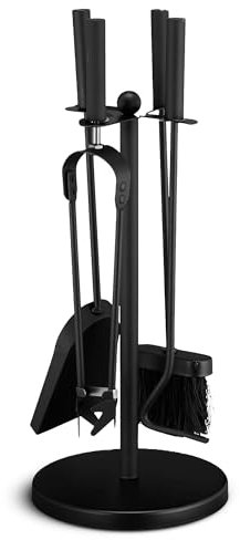 BLADO 5Pc Fireplace Tools Coal Bunker Long Burner Accessories Fireside Companion Set Indoor/Outdoor Fire Pit Stand Shovel Antique Brush Chimney Poker (Paris Fireplace Set Black)