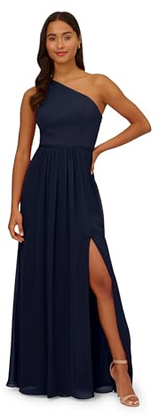 Adrianna Papell Women's One Shoulder Chiffon Gown | Long Evening Gown with Pleated Skirt, Fitted Bodice & Side Leg Slit, Midnight 10