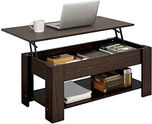 Yaheetech Lift Up Coffee Table, Wooden Lifting Coffee Table with Hidden Storage Drawer and Open Shelf, Space-saving Tea Tables for Living Room/Reception, Espresso