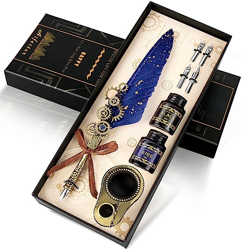 MPRINCE Federkiel Tinte Set,Kalligraphie Stift Set,Enthält Feder Feder,2 Flaschen Farbe Tinte, 2 in einem Halter, 4 Edelstahl-Federn, Schwarz Geschenk Box-Blau