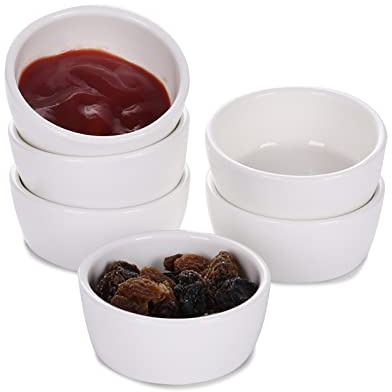 HAOTOP Mini Ramekins 1.5 oz Set of 6,Small Ceramics Souffle Dish, Exactly Designed for Dipping Sauce, Ketchup, Salsa and Jams, 45ml White