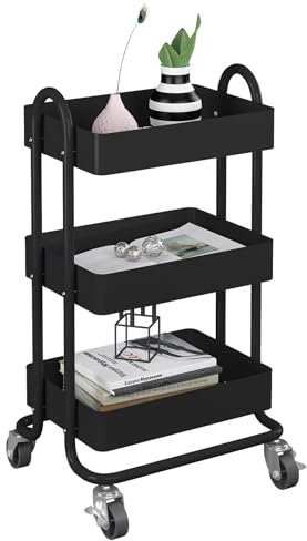 Elitehouse Metal Rolling Cart,3-Tier Metal Rolling Cart with Wheels,3 Tier Utility Cart with Wheels for Office,Home,Kitchen,Garden(13.4x18.1x31) Black
