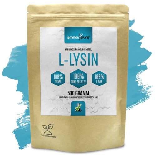 aminopure® | Poudre de lysine pure | L-lysine pure sans additifs | 250 portions (2 grammes par jour) | 100 % végétalien et testé en laboratoire avec certificat | 500 g