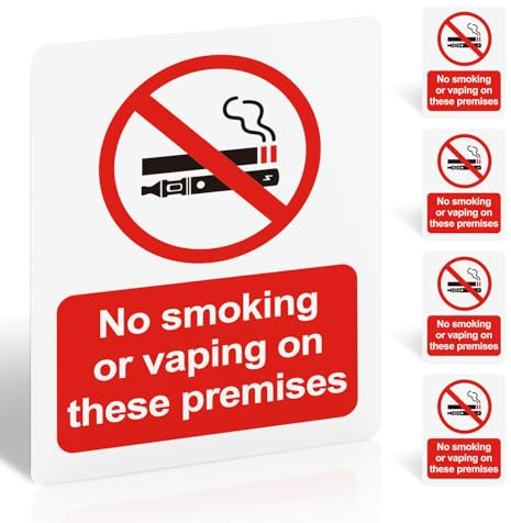 No Smoking or Vaping on These Premises Sign - 5 Pack, 100x75mm Self-Adhesive Vinyl Sticker - UV Printed Matte Surface, Waterproof, EN ISO 7010 Compliant