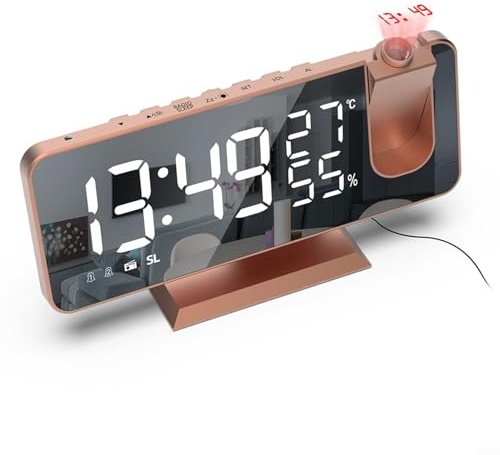 Whychstore Réveil numérique à projection radio numérique avec écran miroir LED et projecteur réglable à 180° pour une lecture facile (or rose)