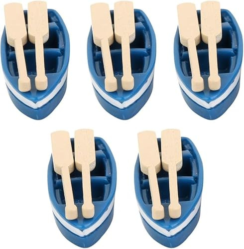 SquarezhenBo 5 set blu legno barca a vela in miniatura barca a pagaia figura modello mare spiaggia decorazione figura ornamento per muschio piante grasse terrario casa delle bambole fata giardino