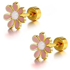 Aretes pequeños de 18 g con flor de margarita linda para cartílago para mujeres y niñas, chapados en oro de 14 quilates de acero inoxidable esmaltado, delicados con rosca en la parte posterior, para