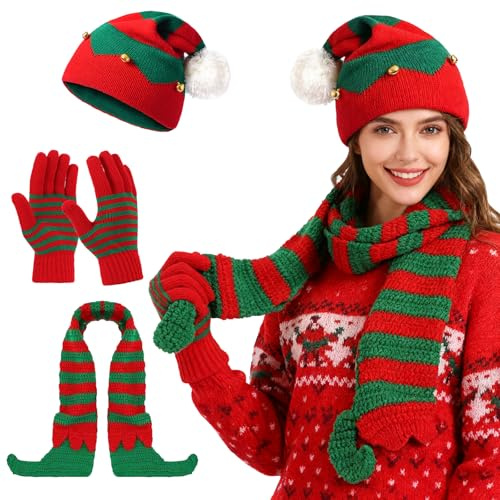 TAGVO Set di 3 Pezzi per Natale: Cappello, Sciarpa e Guanti, Equipaggiamento Invernale per Natale, Set di Cappello Natalizio Intrecciato, Cappello da Elfo e Babbo Natale, Sciarpa e Guanti per Festa