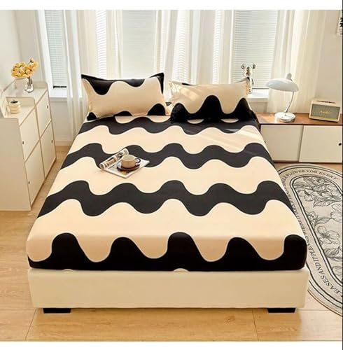KnSam Spannbettlaken 90x200cm Hotel, Welle Muster Spannbettlaken Muster Gedruckt Beige Schwarz Textilien Klassische, Polyester Bett Laken Bezug für Boxspringbett & Wasserbett