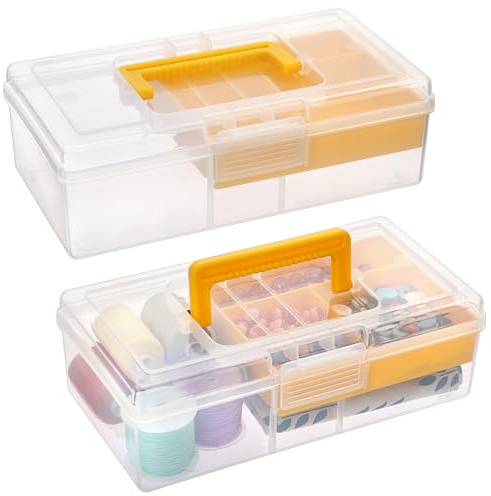 BTSKY 2 PCS Clear Plastic Storage Box with Removable Tray Multipurpose Stationery Storage Box with Handle Handy Sewing Box Art Craft Supply Organizer Home Utility Box (Yellow)