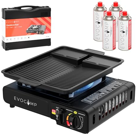 Gaskocher 1-flammig mit Piezozündung, Campingkocher für Gaskartuschen MSF-1a 227 g, Camping Herd mit Tragekoffer - Ideal für Outdoor (+ 4 Gaskartuschen + Grillplatte 36 cm)