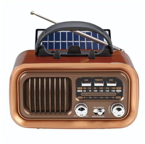 Denash Retro Bluetooth Radio, Receptor Am/FM con Energía Solar con Reproducción USB/SD y Opciones de Potencia Muti, Radio Vintage Portátil para Acampar (Gold)